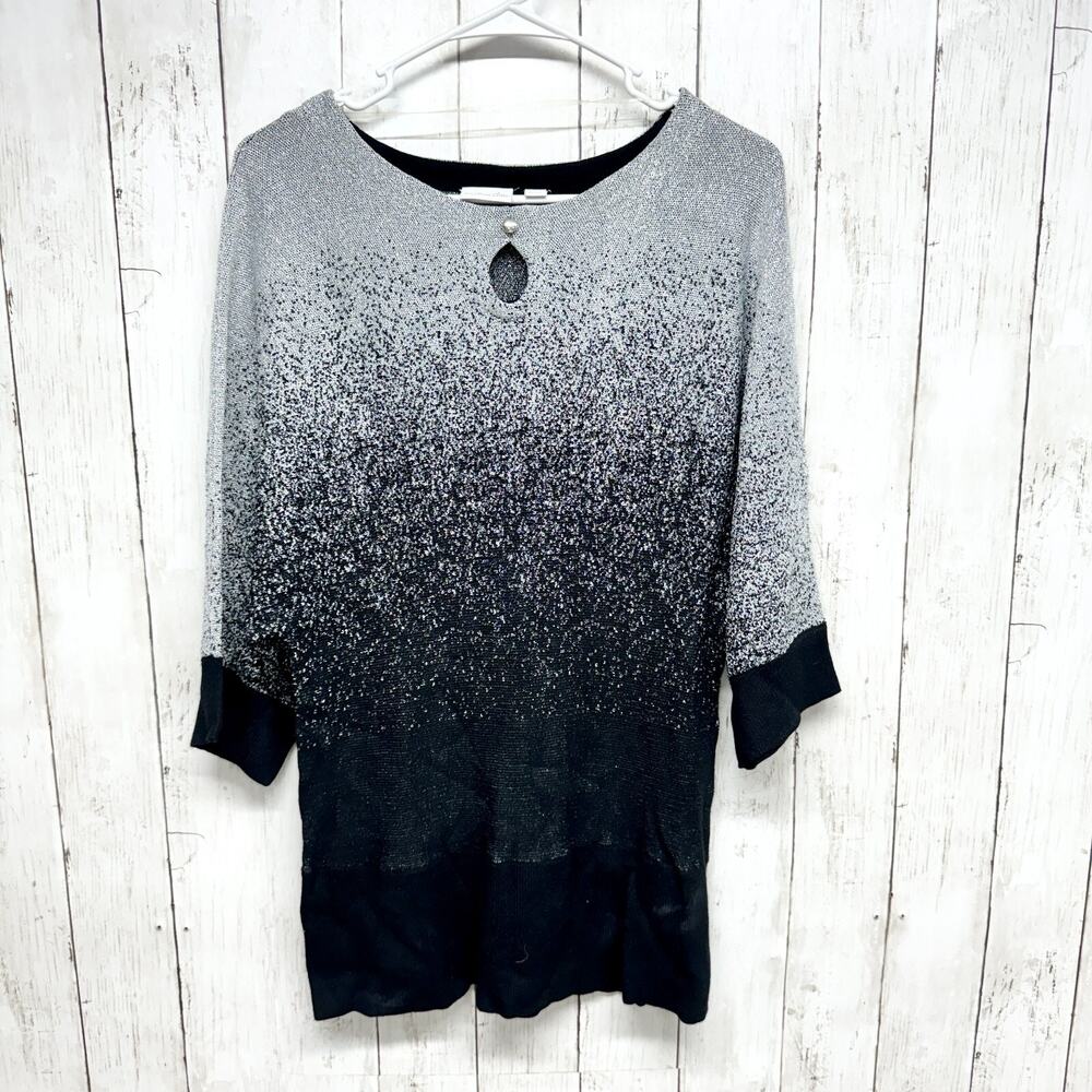 Kim Rogers‎ Petite Dress Women Sz PXL Eyelet 3/4 Sleeve Midi Black Gray Gradient